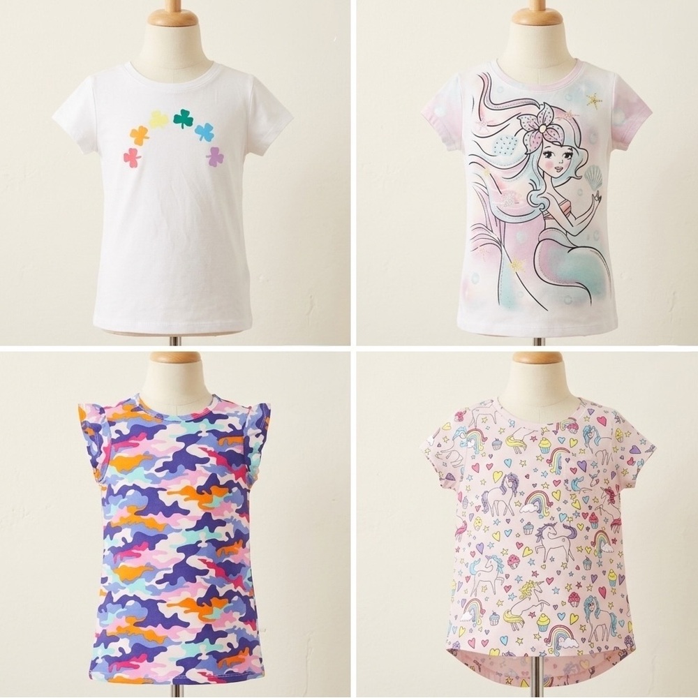 🌈🌸 Bundle of 4 Girls Graphic Tees | Unicorn, Shamrock, Mermaid & Camo Size 6/7